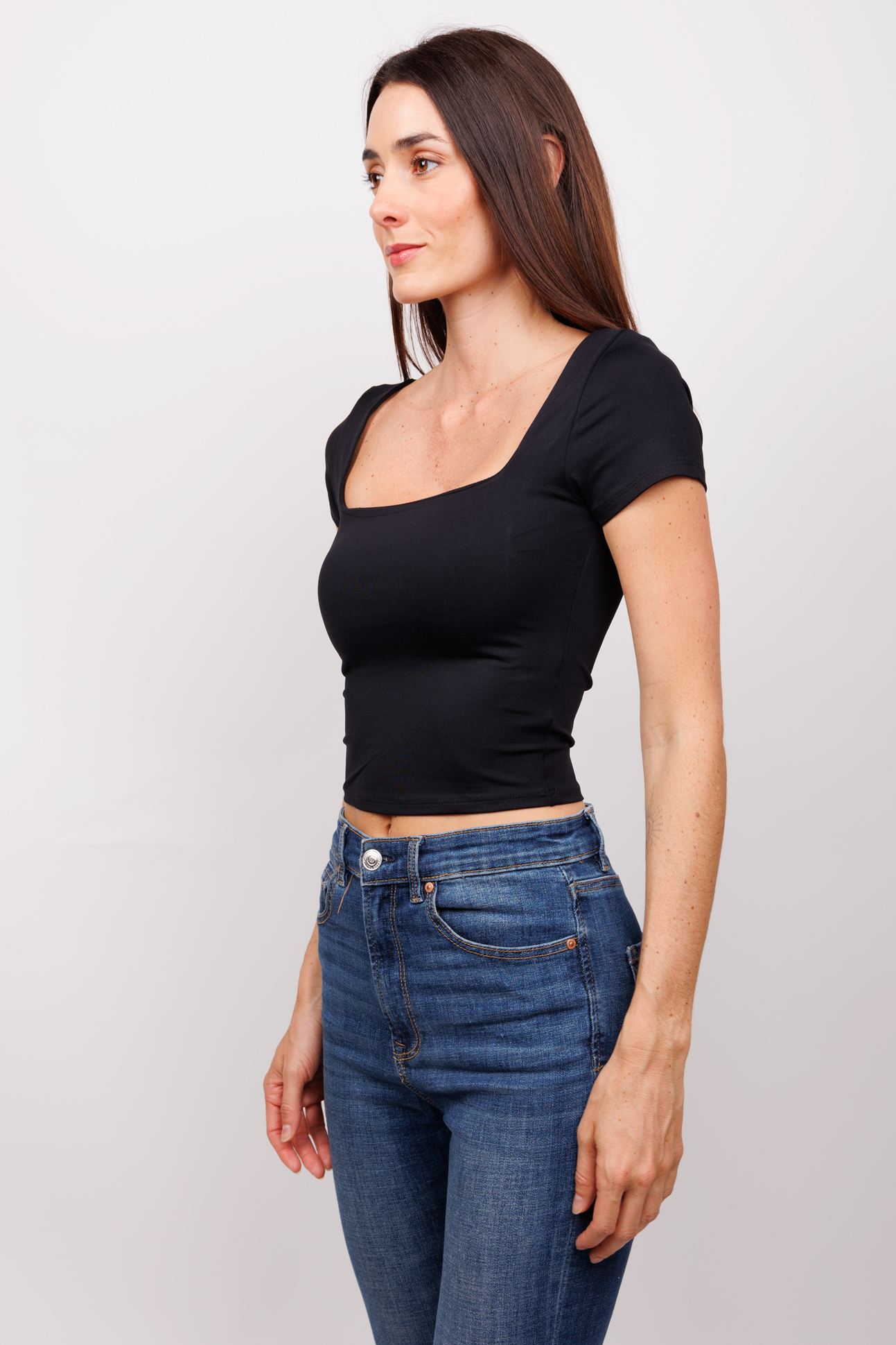 Blusa Juvenil Dama Slim Fit nylon Top Manga Corta Escote Cuadrado